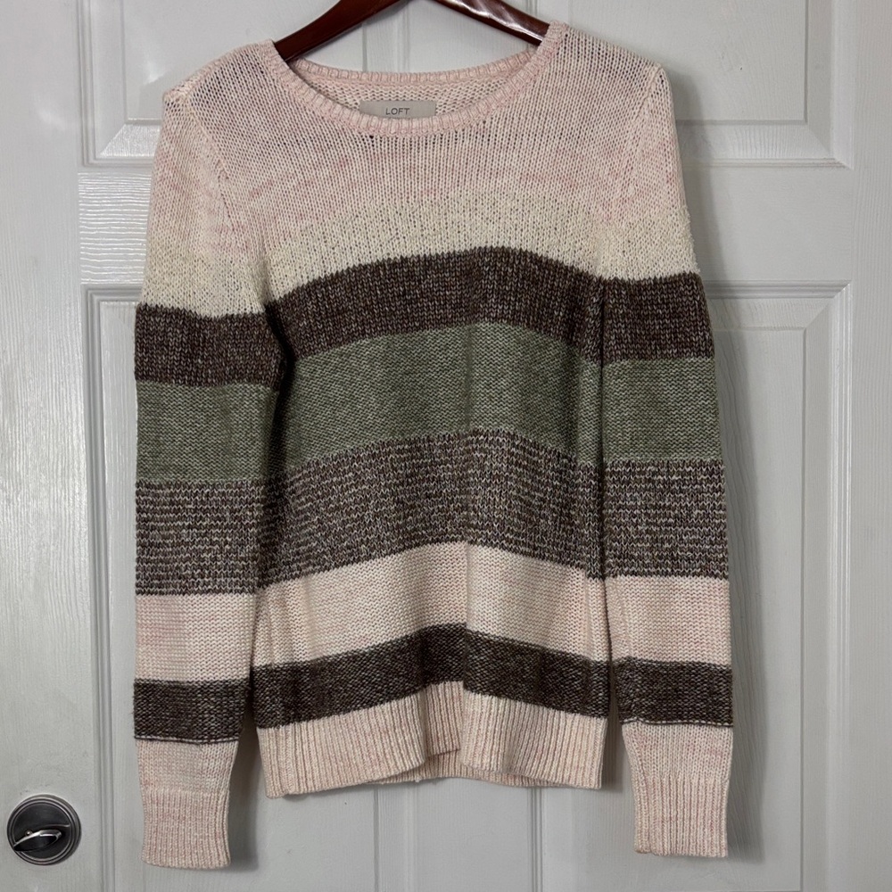 LOFT Multicolor Striped Sweater Cotton Wool Blend Pink Green Brown Size Medium